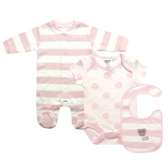 Baby Striped Sleepsuit Bodysuit and Bib 3 Piece Set