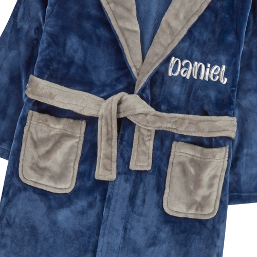 Personalised Boys Blue Sherpa Dressing Gown with Light Grey Thread Embroidery