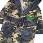 Personalised Boys Green Camo Hooded Dressing Gown with Green Thread Embroidery