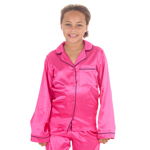 Girls Hot Pink Long Sleeved Silky Satin Pyjama Set