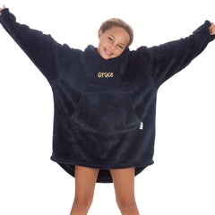 Personalised Girls Navy Plain Oversized Blanket Hoodie