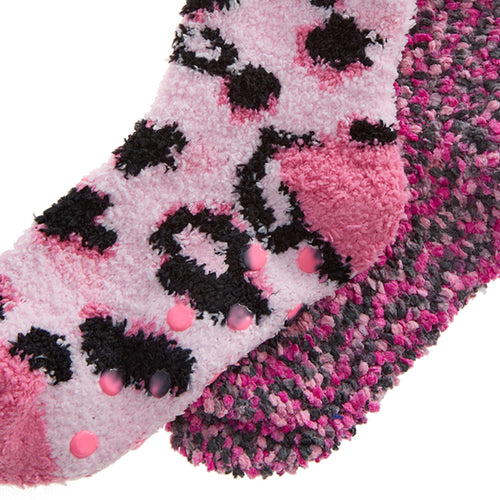 Girls Cosy Leopard Pink Bed Socks 2 Pairs