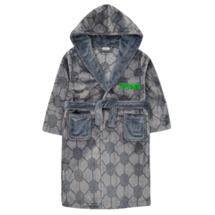  Personalised Boys Grey Football Hooded Dressing Gown with Green Thread Embroidery