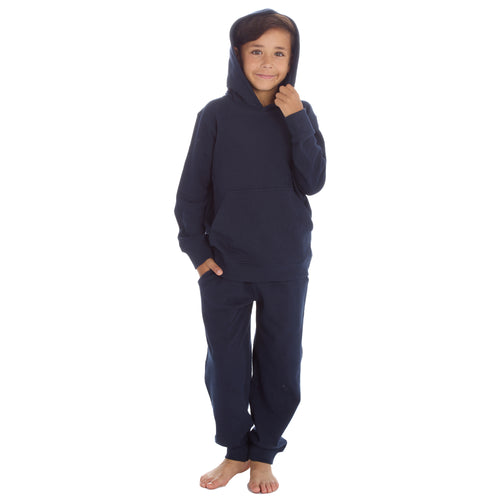 Boys Plain Cotton Rich Tracksuit Hooded Sweatshirt and Joggers Set Navy