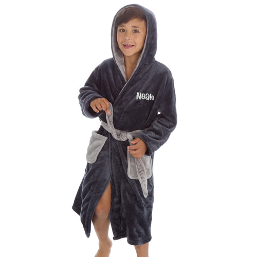 Personalised Boys Black Sherpa Dressing Gown with Light Grey Thread Embroidery