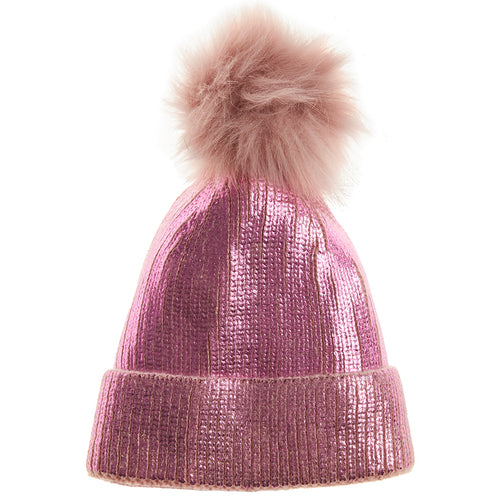 Girls Iridescent Metallic Pink Bobble Hat