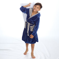 Boys Plush Fleece Dressing Gown Robe Navy