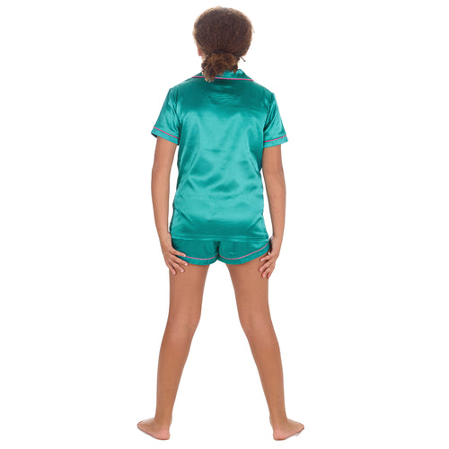 Girls Teal Green Short Sleeved Satin Pyjama Set