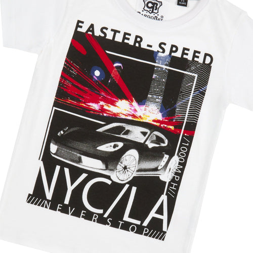 Boys White Car Printed T-Shirt