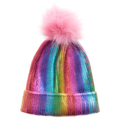 Girls Metallic Rainbow Hat with Pom Pom