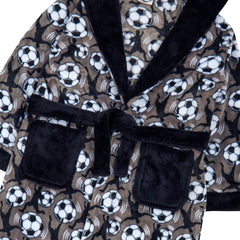 Boys Hooded Football Plush Fleece Dressing Gown Black