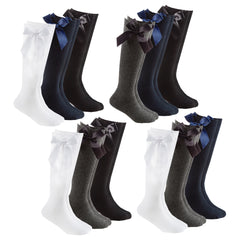 Girls Knee High Socks with Bow Mixed 3 Pairs