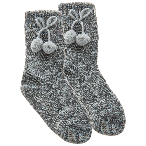 Girls Chunky Knitted Pattern Socks with Pom Pom and Grippers Grey