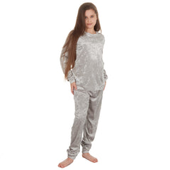 MINI ME Womens and Girls Silver Crushed Velvet Matching Pyjama Sets