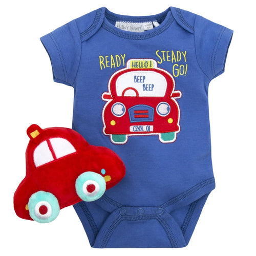 Newborn Baby Car Short Bodysuit and Soft Toy Set 