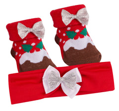 Baby Girls Christmas Pudding Socks & Headband Set