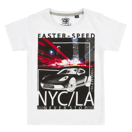 Boys White Car Printed T-Shirt