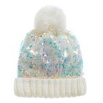 Girls Cream Sequin Hat with Pom Pom