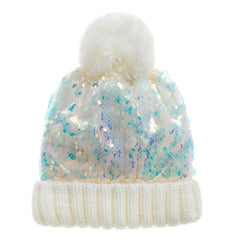 Girls Cream Sequin Hat with Pom Pom