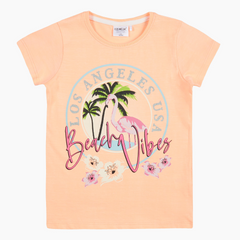 Girls Crew Neck Printed T-Shirt Coral