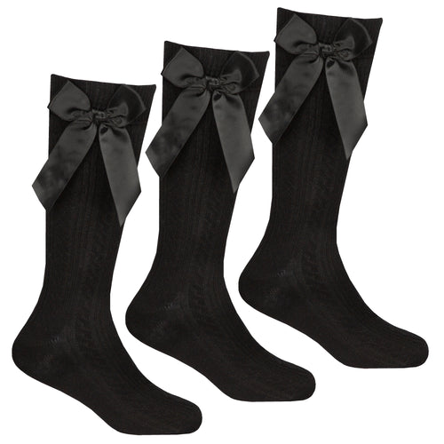 Girls Black Knee High Socks with Bow 3 Pairs