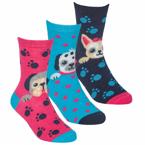 Girls Cute Novelty Dogs Printed Socks 3 Pairs Pink