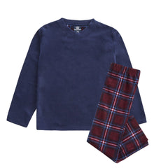 Boys Warm Fleece Top Checked Pant Pyjama Set Blue