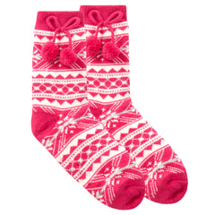 Womens Fair Isle Pattern Socks with Pom Pom Pink